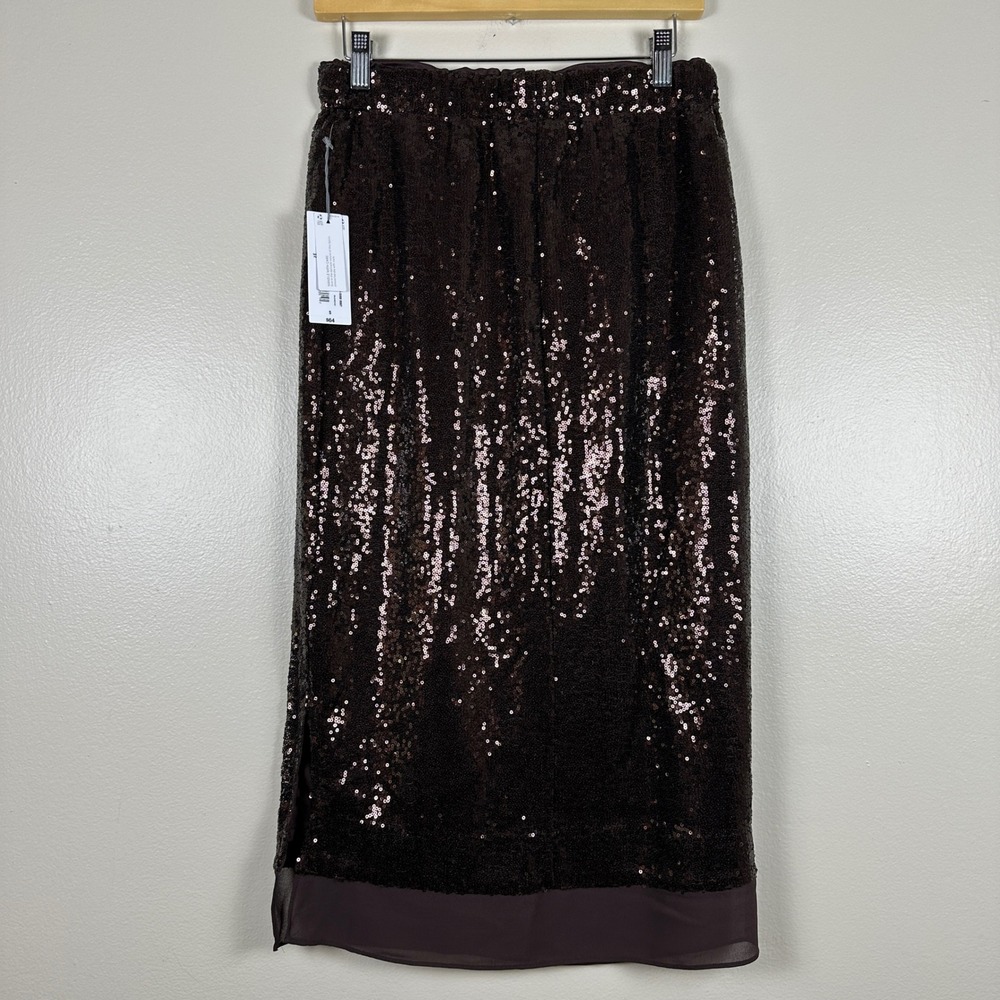 Liz Claiborne Women's S Midi Skirt‎ Chocolate Brown Sequin Elastic Waist NEW